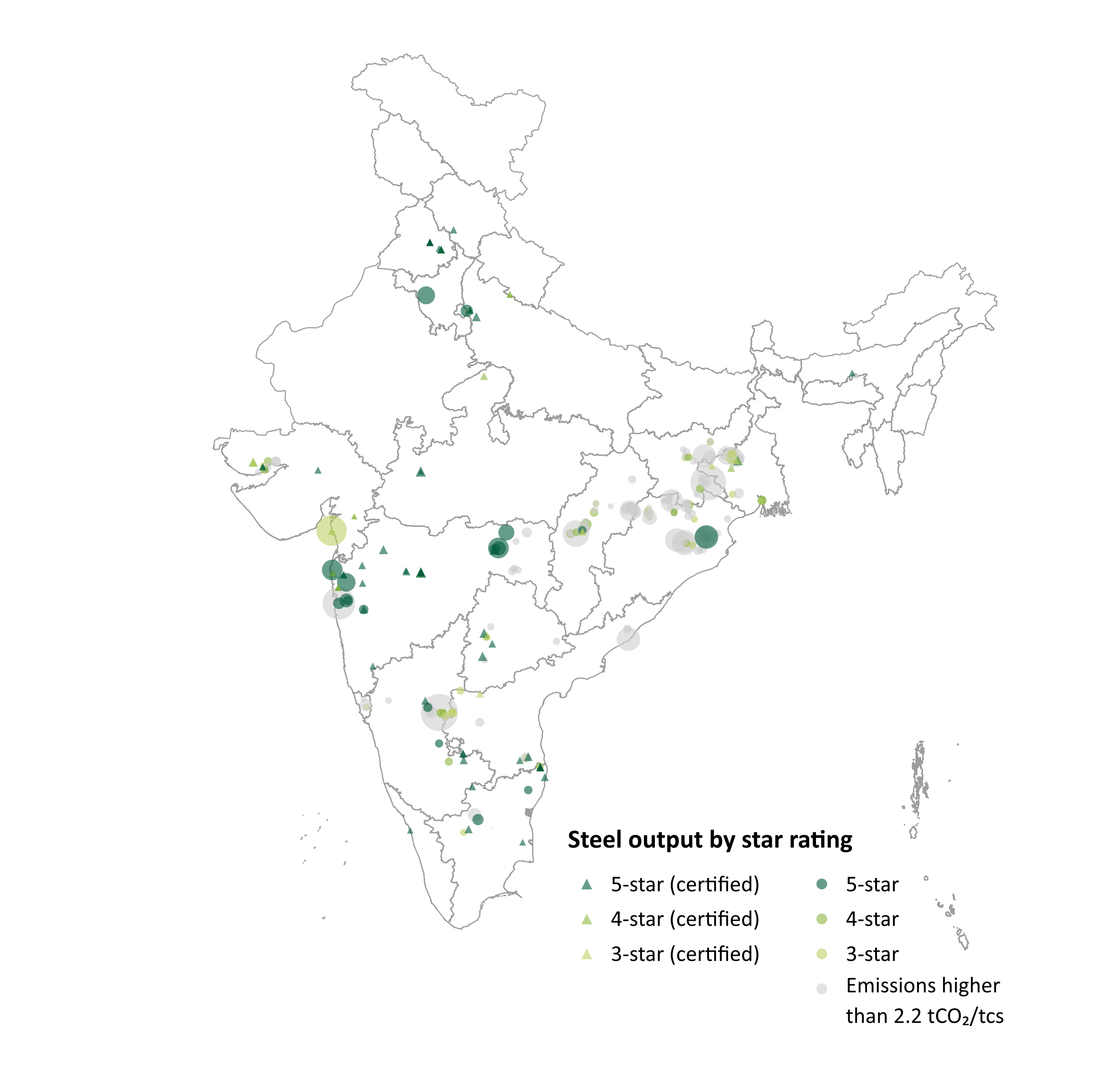 Figure 2. CCTS data indicates green steel is widely available across India, demonstrating readiness for scaled public procurement